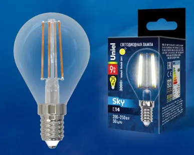фото Лампа LED-G45-9W/3000K/E14/CL PLS02WH Лампа светодиодная. Форма "шар", прозрачная. Серия Sky. Теплый белый свет (3000К). Картон. ТМ Uniel.
