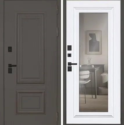 Фото №0 Входная дверь ТЕРМО Тайга муар коричневый-зеркало белый матовый АСД