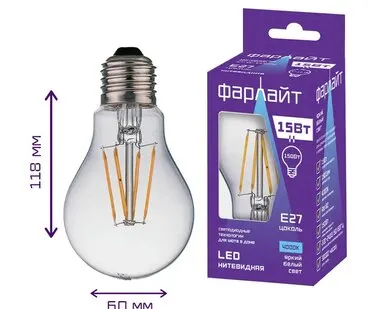 фото Лампа LED филамент. A60 15Вт, Е27, 4000К, 1500Лм /ФАРЛАЙТ