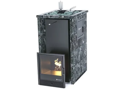 фото Печь для бани ИзиСтим Геленджик М2 Premium в 3-х кожух пироксен.бок.вх.слева откр.верх футеровка