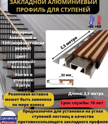 Фото №0 Противоскользящий закладной алюминиевый профиль для ступеней ALPBM 32 мм c резиновой вставкой, длина 2.5 метра, цвет резины коричневый/бежевый, 5 штук