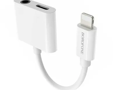 фото Адаптер-переходник Borofone BV12 (Lightning to 3.5mm mini Jack + Lightning) 12 см, белый