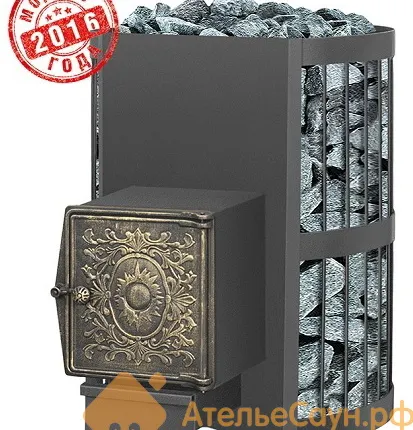 Фото №0 Печь для бани Везувий Скиф Стандарт 22 ДТ-4 2016 (встроенный теплообменник, выносная топка, чугунная дверца)