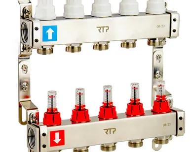 фото Коллекторная группа с расходомером и кронштейном (евроконус 3/4") нержавеющая сталь SUS 304 1"х 5 выходов, RTP
