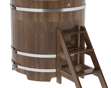 фото Купель для бани из сращенной лиственницы круглая D = 1,17 м (мореная, Н = 1,2 м)