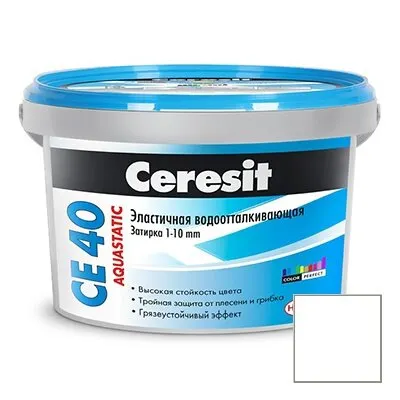 Фото №0 Затирка цементная эластичная Ceresit CE 40 Aquastatic белая №01 2 кг