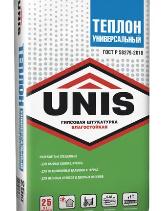 Фото №0 Штукатурка гипсовая белая ЮНИС Теплон Универсальный влагостойкий (25кг) /48/