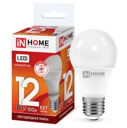Фото №0 IN HOME Лампа светодиодная 12Вт 230В Е27 6500К 1080Лм A60 груша LED-A60-VC IN HOME