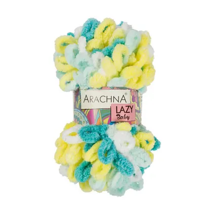 Фото №0 Пряжа ARACHNA "BABY LAZY" 100% микрополиэстер 100 г 8.5 м №02 белый-лимонный-св.бирюзовый-бирюзовый