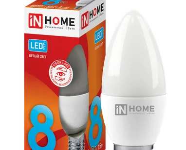 фото IN HOME Лампа светодиодная 8Вт 230В Е27 4000К 720Лм C37 свеча матовая LED-СВЕЧА-VC IN HOME