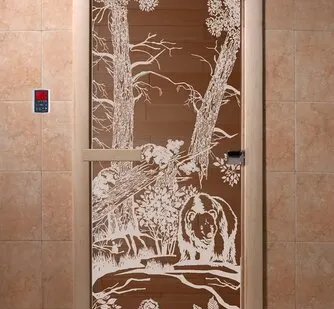 фото Дверь "Мишки" (бронза) 190х70, 8 мм, 3 петли, коробка ольха. Банный Эксперт