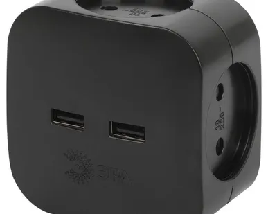 фото Разветвитель электрический SP-4-USB-B на 4 розетки 220В+ 2xUSB 2400мА без заземл 10А черн. Эра Б0049536