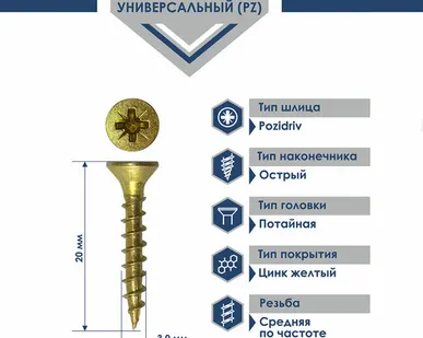 фото Саморез Pz 3,0х20 универсальный острый желтый цинк