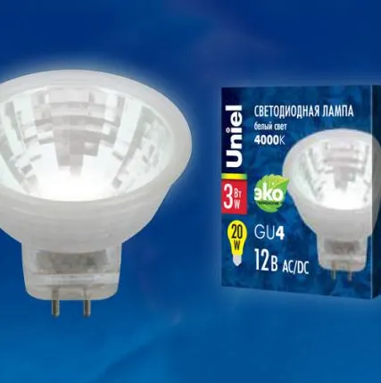 Фото №0 Лампа LED-MR11-3W/NW/GU4 GLZ21TR Лампа светодиодная, 12V. Прозрачная. Белый свет (4000K). Картон. ТМ Uniel.