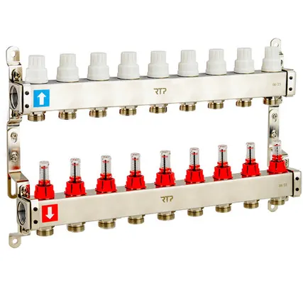 Фото №0 Коллекторная группа с расходомером и кронштейном (евроконус 3/4") нержавеющая сталь SUS 304 1"х 9 выходов, RTP