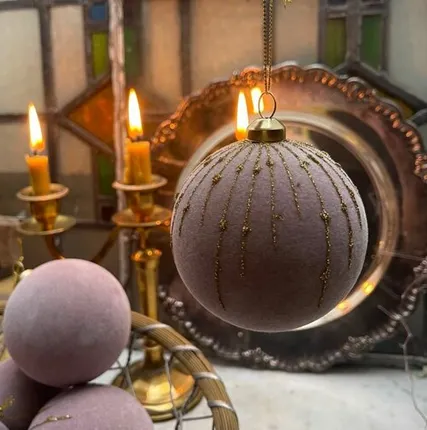 Фото №0 Шар елочный с велюровым покрытием 8 см розовый с золотом