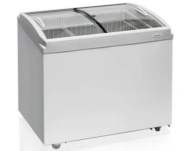 фото Лари морозильные "Бирюса-260 VCZQ"  с гнутой стеклянной крышкой.