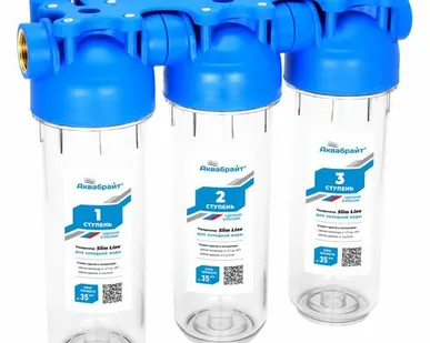 фото Трехступенчатый магистральный фильтр 10" # 3/4" (прозрачный, кронш., ключ) АКВАБРАЙТ