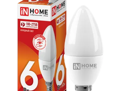 фото IN HOME Лампа светодиодная 6Вт 230В Е14 6500К 540Лм C37 свеча матовая LED-СВЕЧА-VC IN HOME