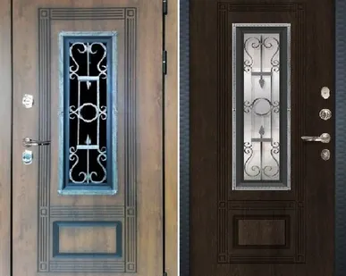 фото Входная дверь Термо Русь стеклопакет ковка Golden Oak патина Лекс