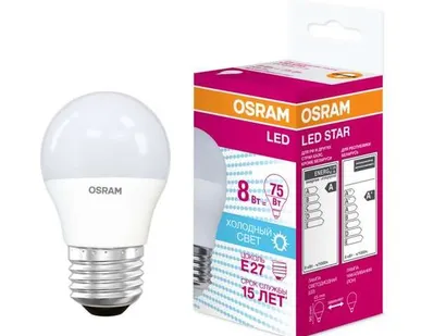 фото Лампа светодиодная LED STAR CLASSIC P 75 8W/840 8Вт шар 4000К нейтр. бел. E27 806лм 220-240В матов. пласт. OSRAM 4058075210899