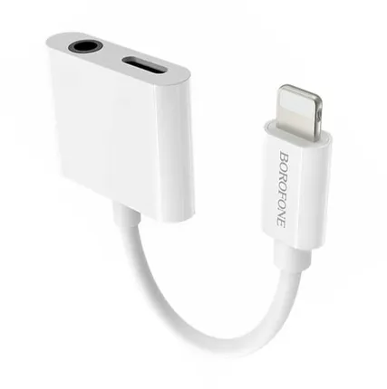 Фото №0 Адаптер-переходник Borofone BV12 (Lightning to 3.5mm mini Jack + Lightning) 12 см, белый