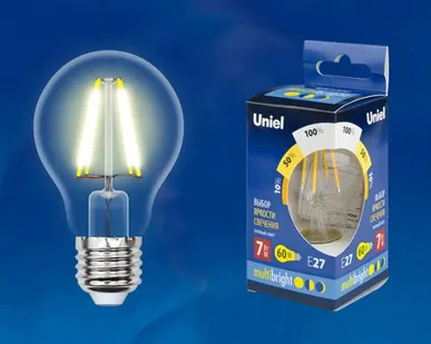 фото Лампа LED-A60-7W/WW/E27/CL/MB GLM10TR Лампа светодиодная. Форма «А», прозрачная. Серия MULTIbright. Теплый белый свет (3000K). 100-50-10. Картон. ТМ Uniel.