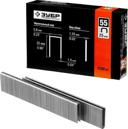 Фото №0 ЗУБР тип 18GA (55/90/C) 25 мм, 2500 шт, скобы для степлера, Профессионал (31855-25)