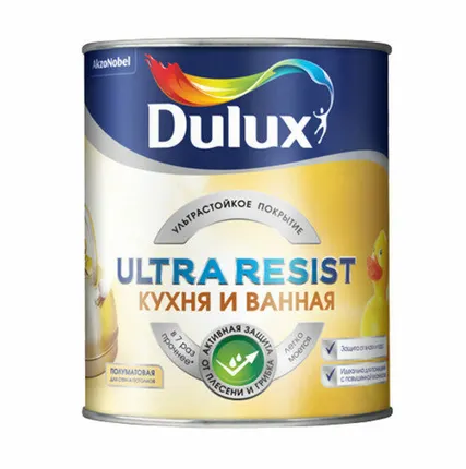 Фото №0 Краска водно-дисперсионная Dulux Ultra Resist кухня и ванная моющаяся белая основа 1л