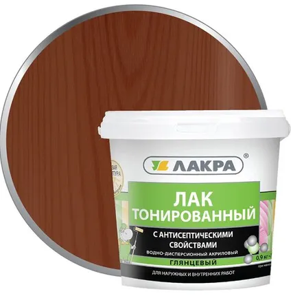 Фото №0 Лак ЛАКРА Лак для отделки деревянных и минеральных поверхностей ЛАКРА 0,9 кг глянцевый махагон тонированный