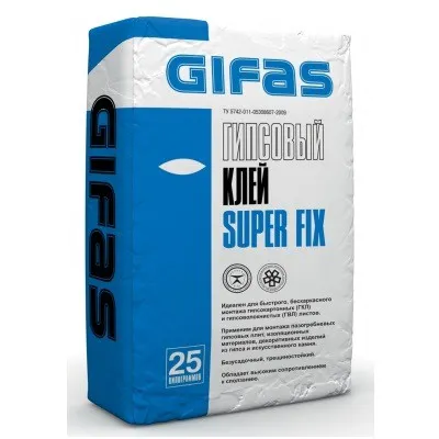Фото №0 Клей гипсовый для гипсокартона, ГВЛ и ПГП, Super Fix Gifas 25кг