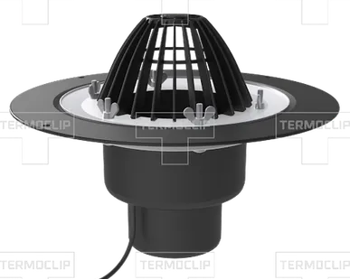 фото Кровельная воронка Termoclip c листвоуловителем и обжимным фланцем с нагревательным элементом 110х450