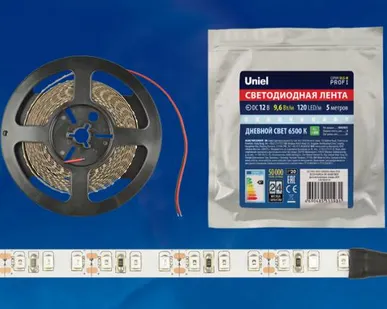 фото Светодиодная лента ULS-M13-2835-120LED/m-8mm-IP20-DC12V-9,6W/m-5M-6500K PROFI Гибкая светодиодная лента на самоклеящейся основе. Катушка 5м. в герметичной упаковке. Дневной свет (6500K). ТМ Uniel.