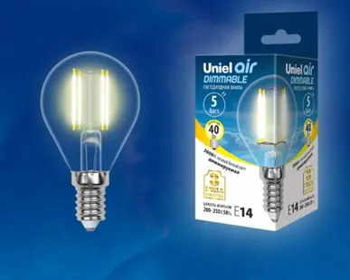 фото Лампа LED-G45-5W/WW/E14/CL/DIM GLA01TR Лампа светодиодная диммируемая. Форма "шар", прозрачная. Серия Air. Теплый белый свет (3000K). Картон. ТМ Uniel