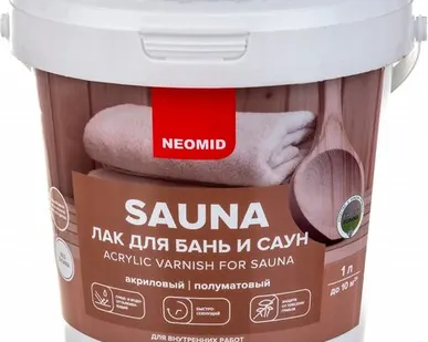 фото Лак NEOMID Лак для отделки саун и бань NEOMID Sauna 1 л полуматовый акриловый антисептический