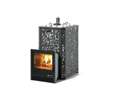 фото Печь банная ИзиСтим Ялта 25/2024 Хохлома черная, с подготовкой под газовую горелку