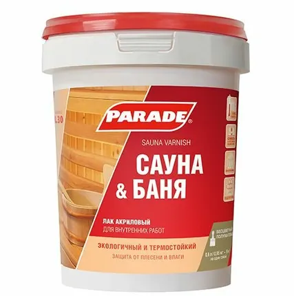 Фото №0 Лак для саун акриловый PARADE L30 Сауна & Баня П/мат 0,9л Россия