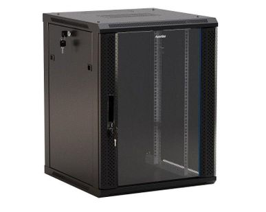 фото Шкаф настенный TWB-1545-GP-RAL9004 19дюйм 15U 775х600х450мм стеклян. дверь с перфорацией по бокам ручка с замком черн. (RAL 9004) (разобранный) Hyperline 392639