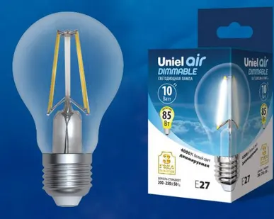 фото Лампа LED-A60-10W/4000K/E27/CL/DIM GLA01TR Лампа светодиодная диммируемая. Форма "А", прозрачная. Серия Air. Белый свет (4000K). Картон. ТМ Uniel.