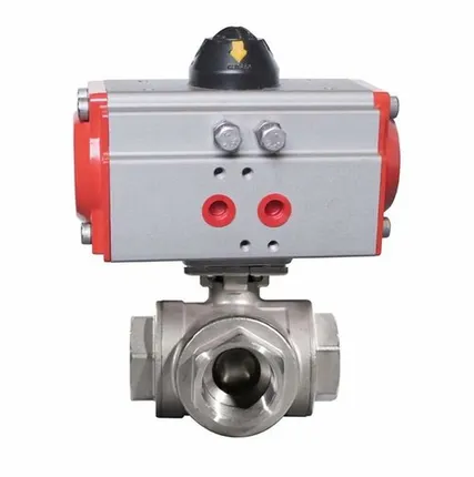 Фото №0 Трехходовой нержавеющий шаровый кран с пневмоприводом PNM-3W, двойного действия