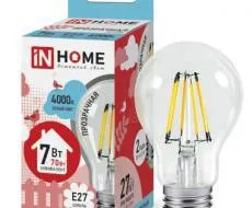 фото Лампа светодиодная LED-A60-deco 7Вт 230В Е27 4000К 630Лм прозрачная IN HOME