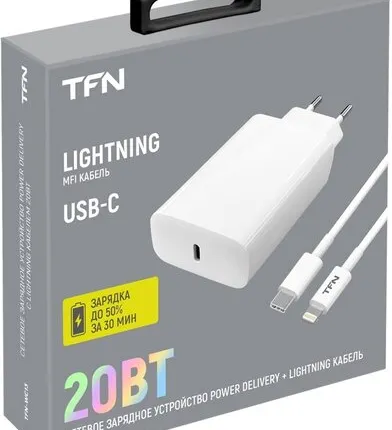 Фото №0 Сетевое зарядное устройство TypeC, 20Вт, с кабелем Lightning Цвет:белы й (TFN,TFN-WC13)