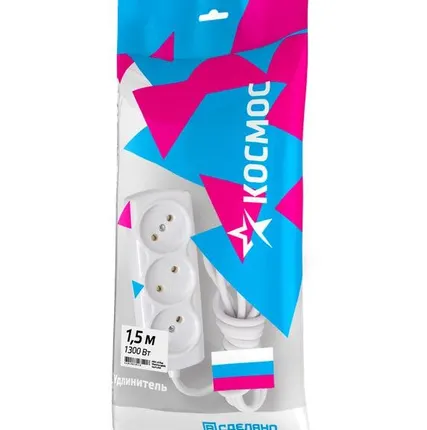 Фото №0 Удлинитель 3х1.5м 6А IP20 ПВС 2х0.75 Космос YKsm1.5m-3g(6A)S