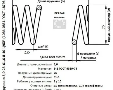 фото Пружина 3,0-25-61,6-8-10-Ц9ХР-(1086-0831 ГОСТ 18793-80)