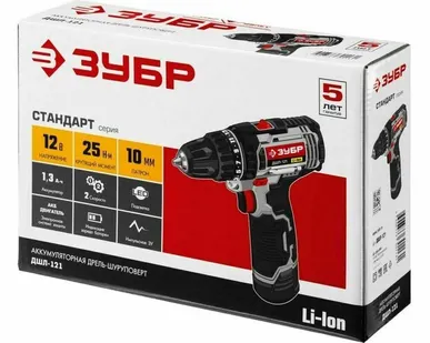 фото ЗУБР ДШЛ-121 12 В дрель-шуруповерт в коробке,1*1.3 Ач, 25 Нм