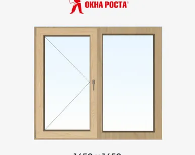 фото Двухстворчатое деревянное окно из лиственницы, 1450х1450 мм, поворотное/глухое