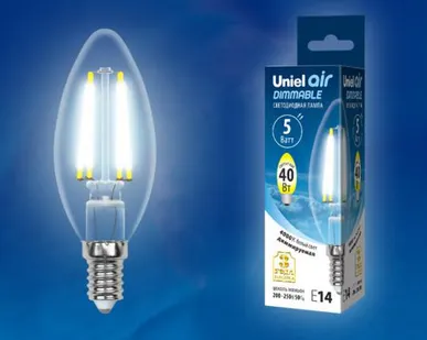 фото Лампа LED-C35-5W/NW/E14/CL/DIM GLA01TR Лампа светодиодная диммируемая. Форма "свеча", прозрачная. Серия Air. Белый свет (4000K). Картон. ТМ Uniel