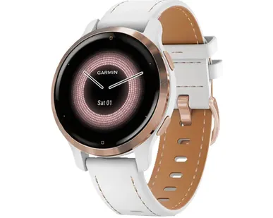 фото Часы Garmin Venu 2S белые цвета розовое золото с кожаным ремешком