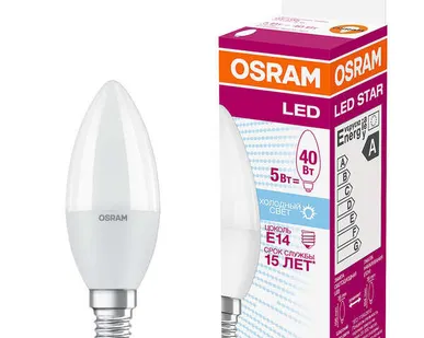 фото Лампа светодиодная LED STAR CLASSIC B 40 5W/840 5Вт свеча 4000К нейтр. бел. E14 470лм 220-240В матов. пласт. OSRAM 4058075056886