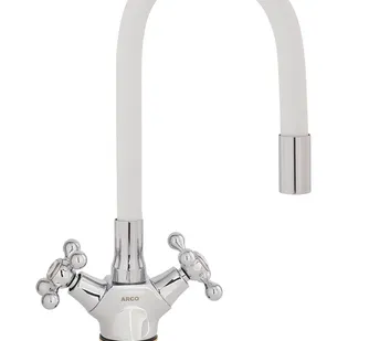 фото Смеситель ARCO кухня маховик крест, с гайкой, гибкий излив БЕЛЫЙ, А48(1)07WT